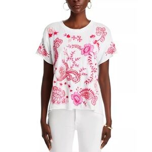 JOHNNY WAS NWT Short Sleeve White/Pink Floral Embroidered Raw Detail Swing Tee